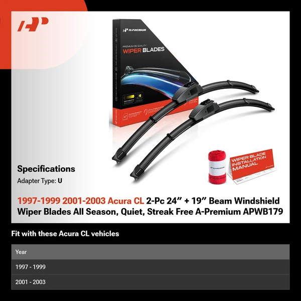 1997-1999 2001-2003 Acura CL 2-Pc 24″ + 19″ Beam Windshield Wiper Blades All Season, Quiet, Streak Free A-Premium APWB179