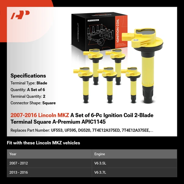 2007-2016 Lincoln MKZ A Set of 6-Pc Ignition Coil 2-Blade Terminal Square A-Premium APIC1145