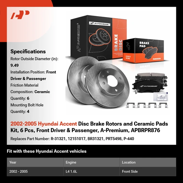2002-2005 Hyundai Accent Disc Brake Rotors and Ceramic Pads Kit, 6 Pcs, Front Driver & Passenger, A-Premium, APBRPR876