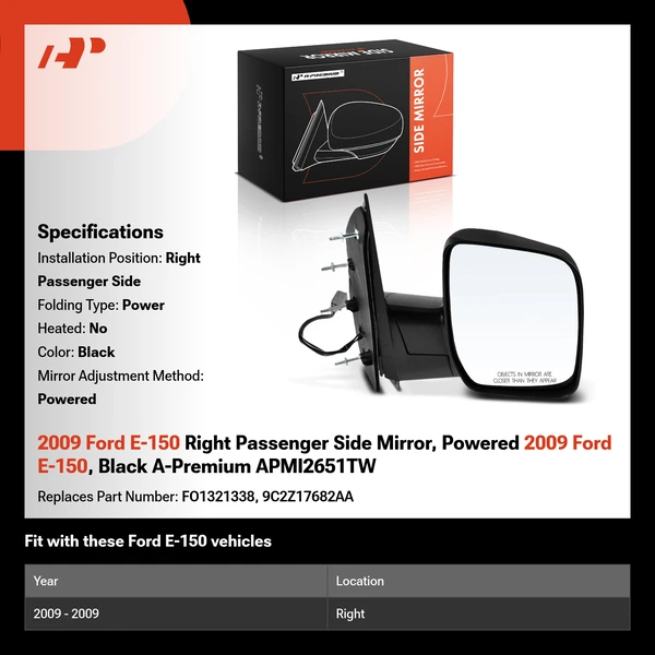 2009 Ford E-150 Right Passenger Side Mirror, Powered 2009 Ford E-150, Black A-Premium APMI2651TW