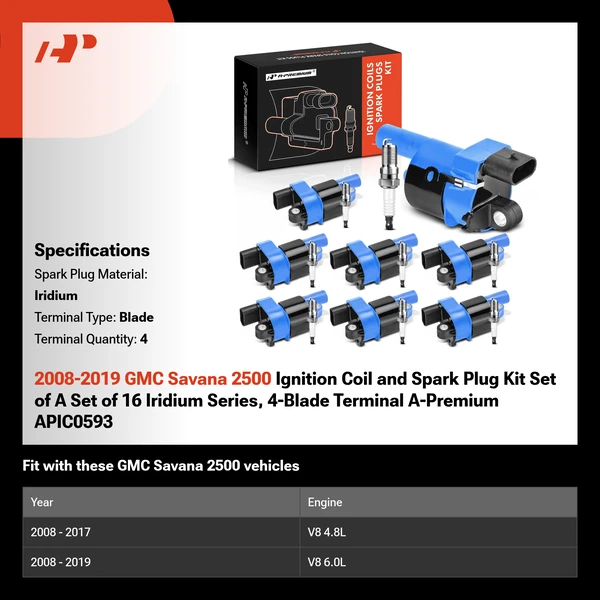 2008-2019 GMC Savana 2500 Ignition Coil and Spark Plug Kit Set of A Set of 16 Iridium Series, 4-Blade Terminal A-Premium APIC0593