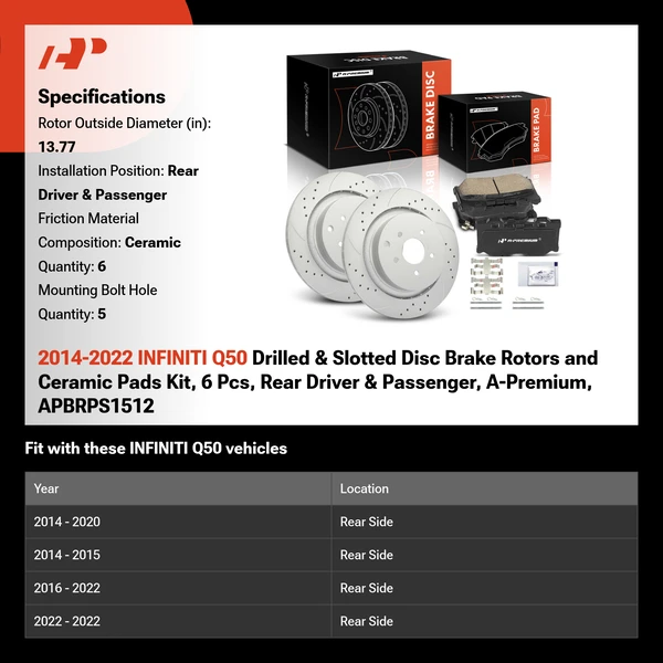 2014-2022 INFINITI Q50 Drilled & Slotted Disc Brake Rotors and Ceramic Pads Kit, 6 Pcs, Rear Driver & Passenger, A-Premium, APBRPS1512