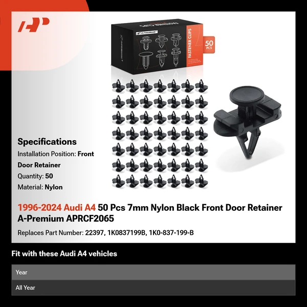 1996-2024 Audi A4 50 Pcs 7mm Nylon Black Front Door Retainer A-Premium APRCF2065