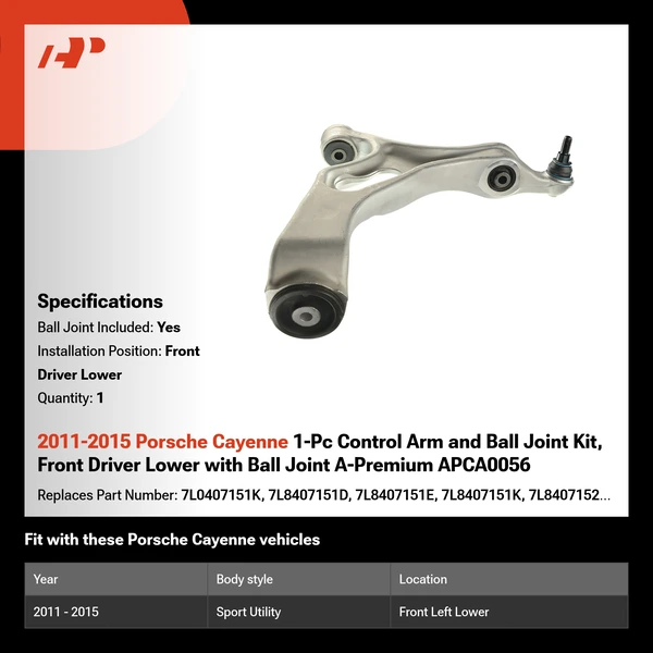 2011-2015 Porsche Cayenne 1-Pc Control Arm and Ball Joint Kit, Front Driver Lower with Ball Joint A-Premium APCA0056
