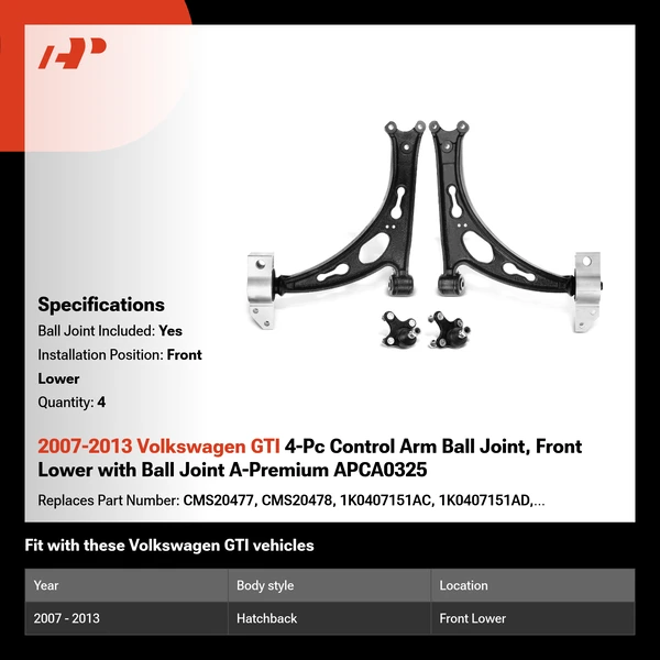 2007-2013 Volkswagen GTI 4-Pc Control Arm Ball Joint, Front Lower with Ball Joint A-Premium APCA0325