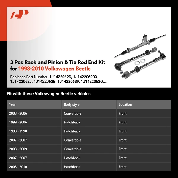 3 Pcs Rack and Pinion & Tie Rod End Kit for 1998-2010 Volkswagen Beetle