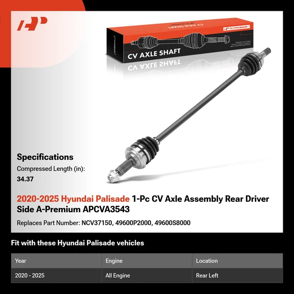 2020-2025 Hyundai Palisade 1-Pc CV Axle Assembly Rear Driver Side A-Premium APCVA3543