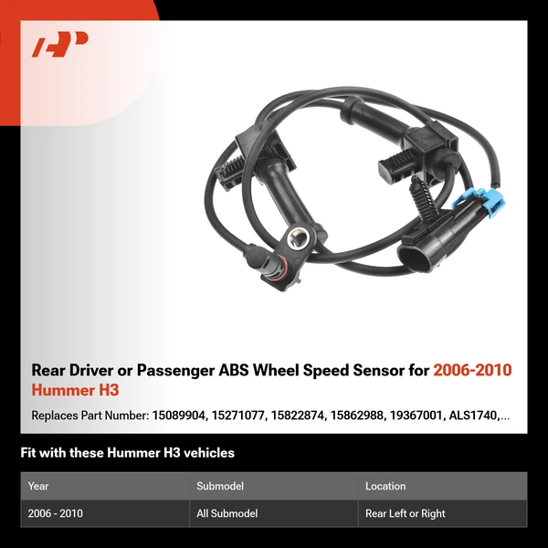 Rear Driver or Passenger ABS Wheel Speed Sensor for 2006-2010 Hummer H3