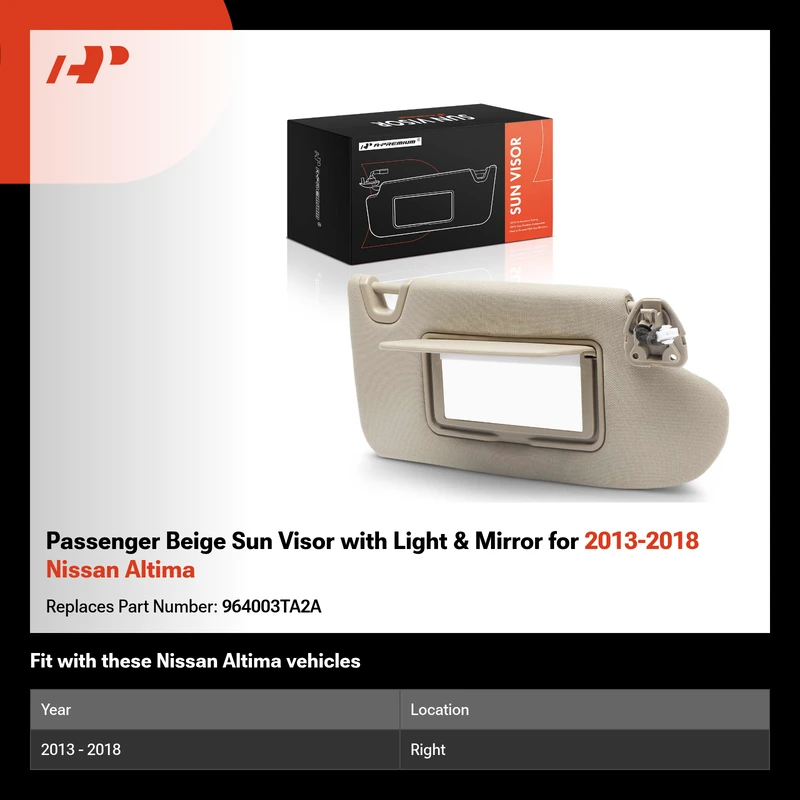 Passenger Beige Sun Visor with Light & Mirror for 2013-2018 Nissan Altima