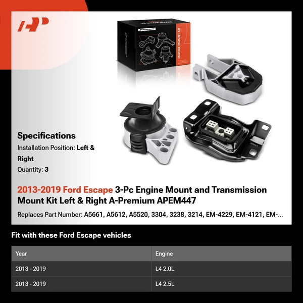 2013-2019 Ford Escape 3-Pc Engine Mount and Transmission Mount Kit Left & Right A-Premium APEM447