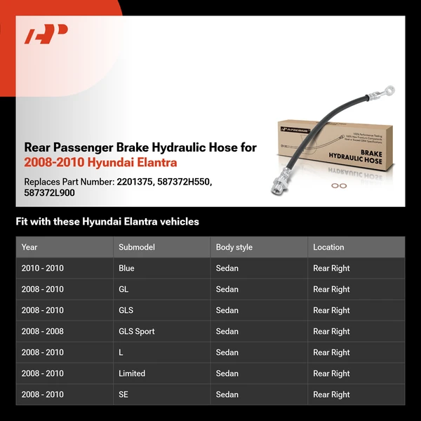 Rear Passenger Brake Hydraulic Hose for 2008-2010 Hyundai Elantra