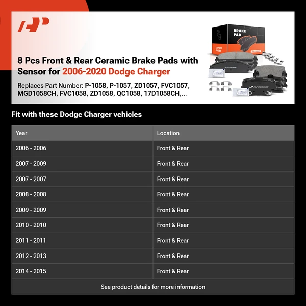 8 Pcs Front & Rear Ceramic Brake Pads with Sensor for 2006-2020 Dodge Charger