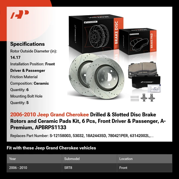2006-2010 Jeep Grand Cherokee Drilled & Slotted Disc Brake Rotors and Ceramic Pads Kit, 6 Pcs, Front Driver & Passenger, A-Premium, APBRPS1133