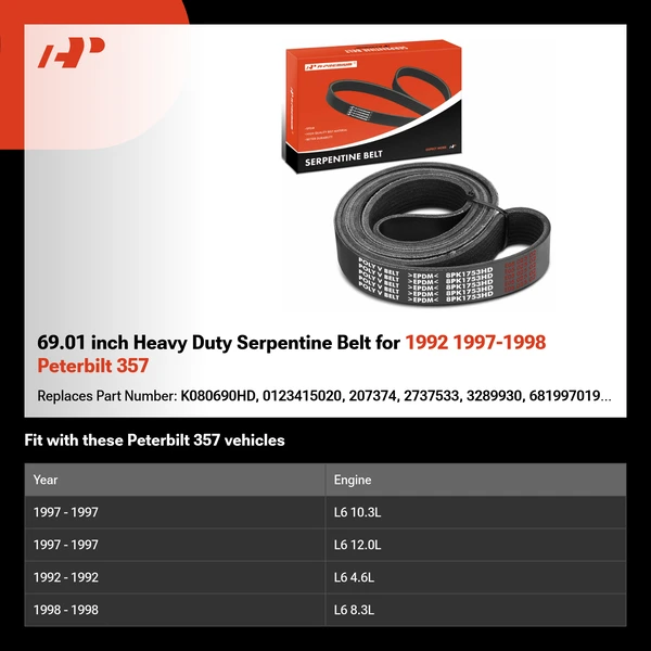 69.01 inch Heavy Duty Serpentine Belt for 1992 1997-1998 Peterbilt 357