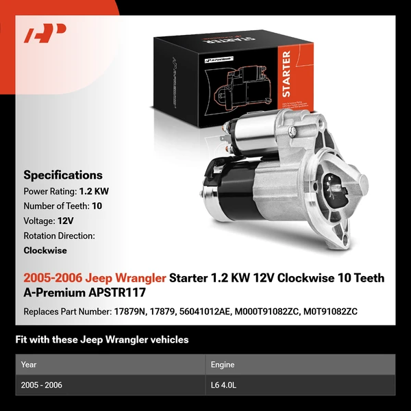 2005-2006 Jeep Wrangler Starter 1.2 KW 12V Clockwise 10 Teeth A-Premium APSTR117