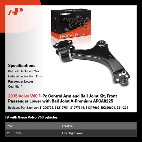 2015 Volvo V60 1-Pc Control Arm and Ball Joint Kit, Front Passenger Lower with Ball Joint A-Premium APCA0225