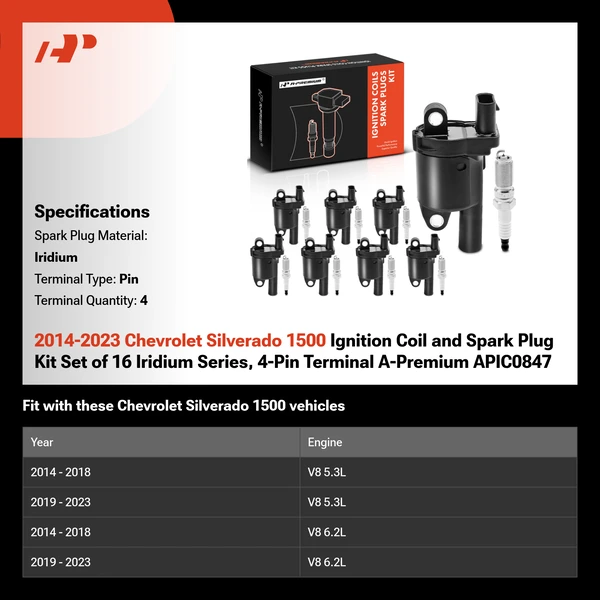 2014-2023 Chevrolet Silverado 1500 Ignition Coil and Spark Plug Kit Set of 16 Iridium Series, 4-Pin Terminal A-Premium APIC0847