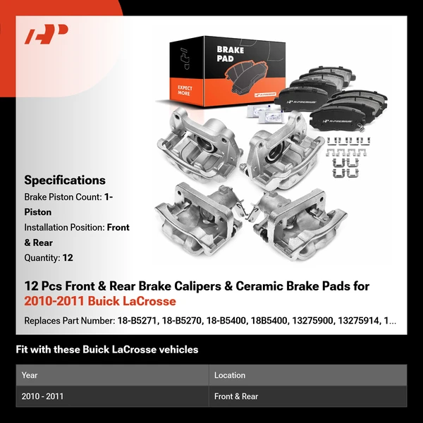 12 Pcs Front & Rear Brake Calipers & Ceramic Brake Pads for 2010-2011 Buick LaCrosse