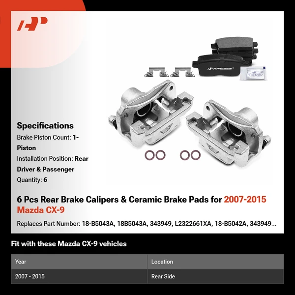 6 Pcs Rear Brake Calipers & Ceramic Brake Pads for 2007-2015 Mazda CX-9
