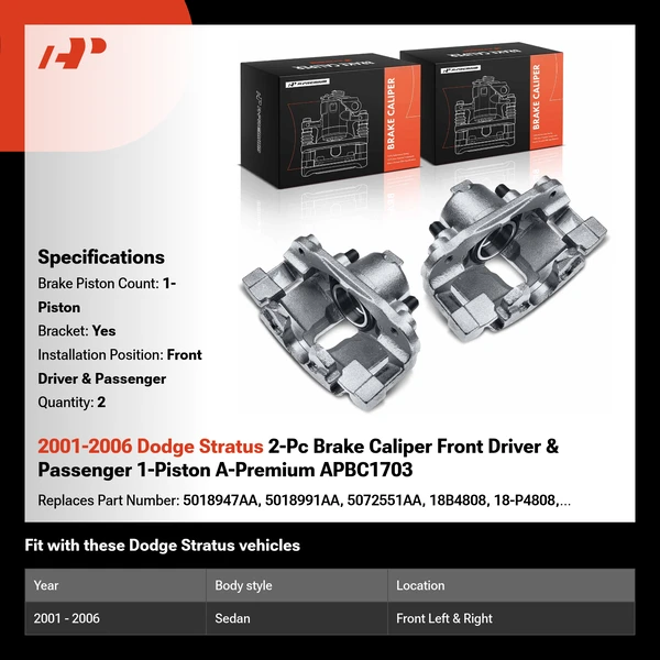 2001-2006 Dodge Stratus 2-Pc Brake Caliper Front Driver & Passenger 1-Piston A-Premium APBC1703