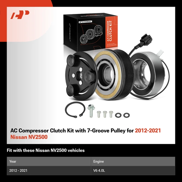 AC Compressor Clutch Kit with 7-Groove Pulley for 2012-2021 Nissan NV2500