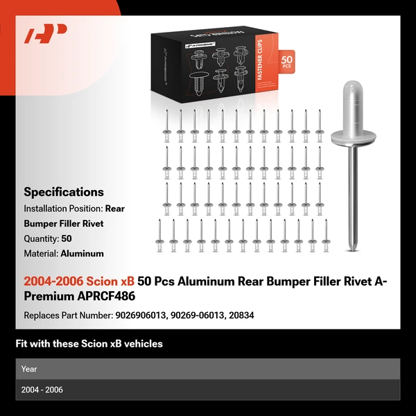 2004-2006 Scion xB 50 Pcs Aluminum Rear Bumper Filler Rivet A-Premium APRCF486