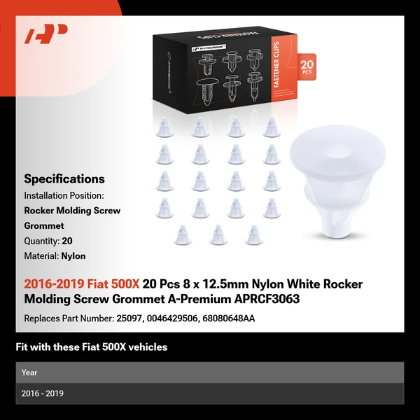 2016-2019 Fiat 500X 20 Pcs 8 x 12.5mm Nylon White Rocker Molding Screw Grommet A-Premium APRCF3063