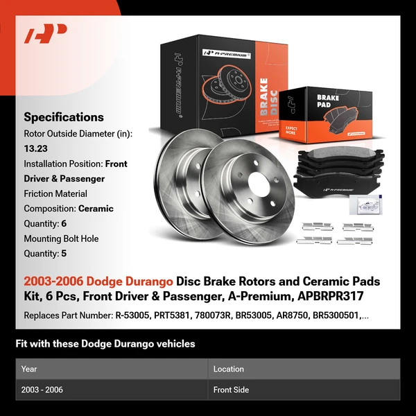 2003-2006 Dodge Durango Disc Brake Rotors and Ceramic Pads Kit, 6 Pcs, Front Driver & Passenger, A-Premium, APBRPR317