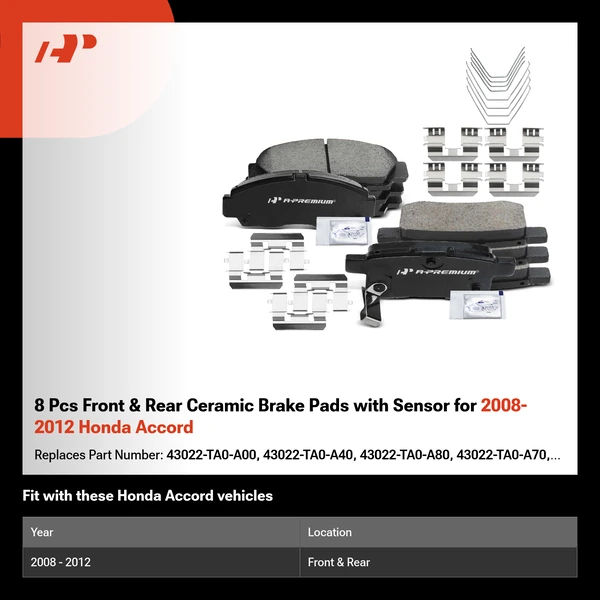 8 Pcs Front & Rear Ceramic Brake Pads with Sensor for 2008-2012 Honda Accord
