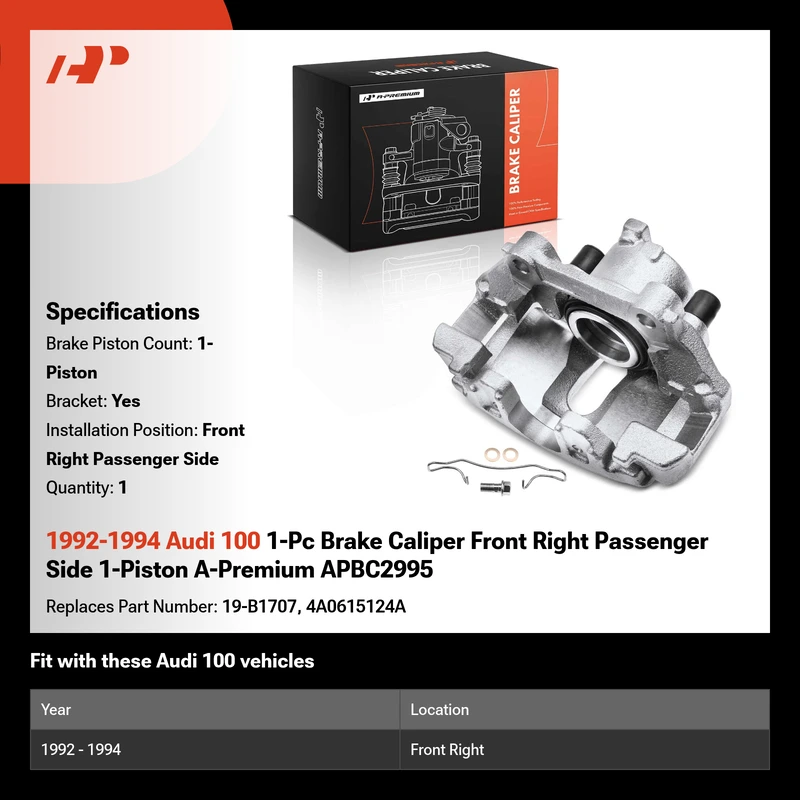 1992-1994 Audi 100 1-Pc Brake Caliper Front Right Passenger Side 1-Piston A-Premium APBC2995