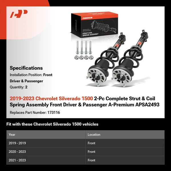 2019-2023 Chevrolet Silverado 1500 2-Pc Complete Strut & Coil Spring Assembly Front Driver & Passenger A-Premium APSA2493