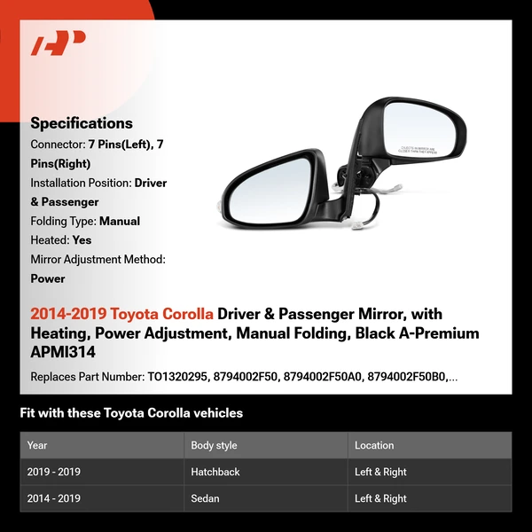 2014-2019 Toyota Corolla Driver & Passenger Mirror, with Heating, Power Adjustment, Manual Folding, Black A-Premium APMI314