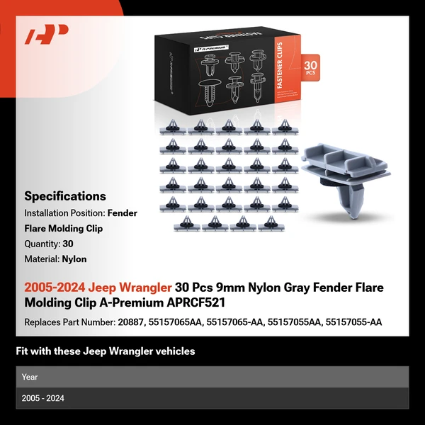 2005-2024 Jeep Wrangler 30 Pcs 9mm Nylon Gray Fender Flare Molding Clip A-Premium APRCF521