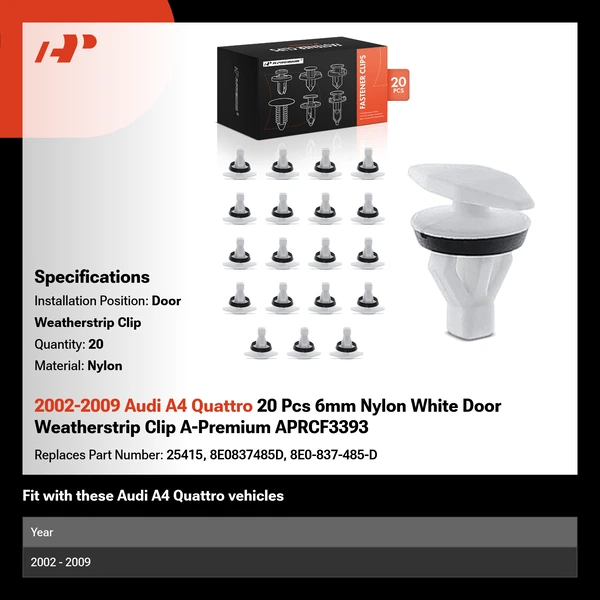 2002-2009 Audi A4 Quattro 20 Pcs 6mm Nylon White Door Weatherstrip Clip A-Premium APRCF3393