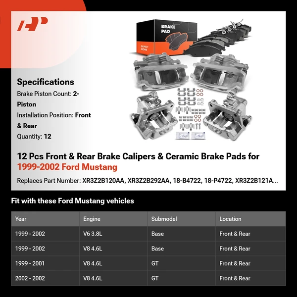 12 Pcs Front & Rear Brake Calipers & Ceramic Brake Pads for 1999-2002 Ford Mustang