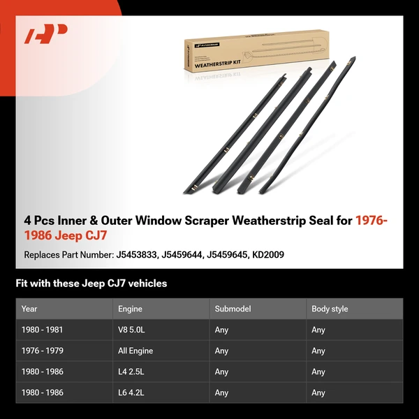 4 Pcs Inner & Outer Window Scraper Weatherstrip Seal for 1976-1986 Jeep CJ7