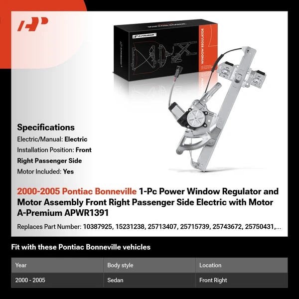 2000-2005 Pontiac Bonneville 1-Pc Power Window Regulator and Motor Assembly Front Right Passenger Side Electric with Motor A-Premium APWR1391