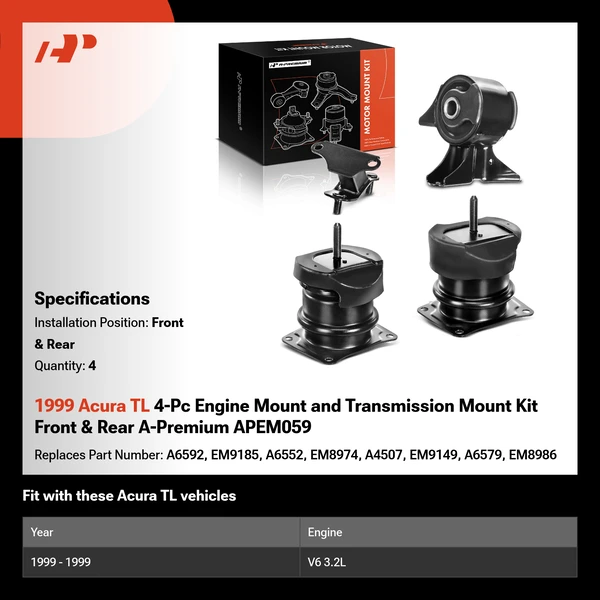 1999 Acura TL 4-Pc Engine Mount and Transmission Mount Kit Front & Rear A-Premium APEM059