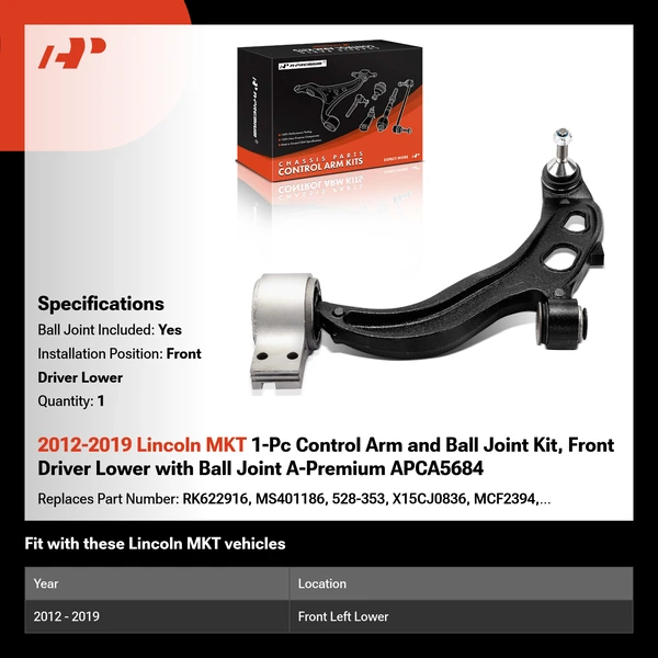 2012-2019 Lincoln MKT 1-Pc Control Arm and Ball Joint Kit, Front Driver Lower with Ball Joint A-Premium APCA5684