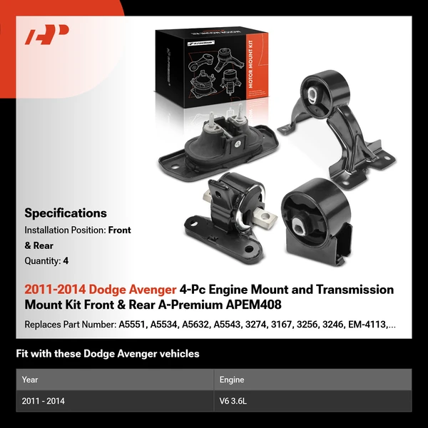 2011-2014 Dodge Avenger 4-Pc Engine Mount and Transmission Mount Kit Front & Rear A-Premium APEM408