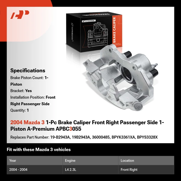 2004 Mazda 3 1-Pc Brake Caliper Front Right Passenger Side 1-Piston A-Premium APBC3055