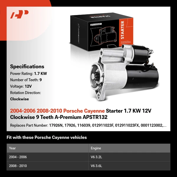 2004-2006 2008-2010 Porsche Cayenne Starter 1.7 KW 12V Clockwise 9 Teeth A-Premium APSTR132
