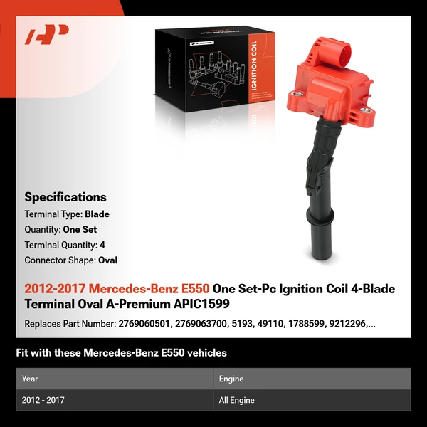 2012-2017 Mercedes-Benz E550 One Set-Pc Ignition Coil 4-Blade Terminal Oval A-Premium APIC1599