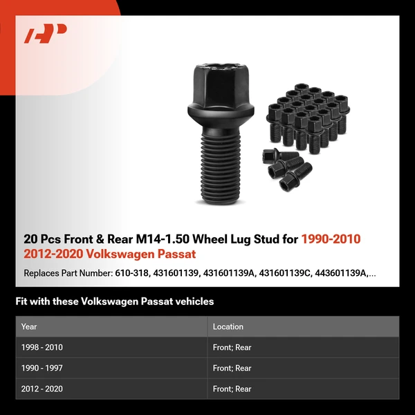 20 Pcs Front & Rear M14-1.50 Wheel Lug Stud for 1990-2010 2012-2020 Volkswagen Passat