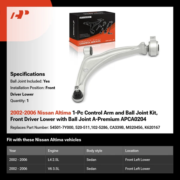 2002-2006 Nissan Altima 1-Pc Control Arm and Ball Joint Kit, Front Driver Lower with Ball Joint A-Premium APCA0204