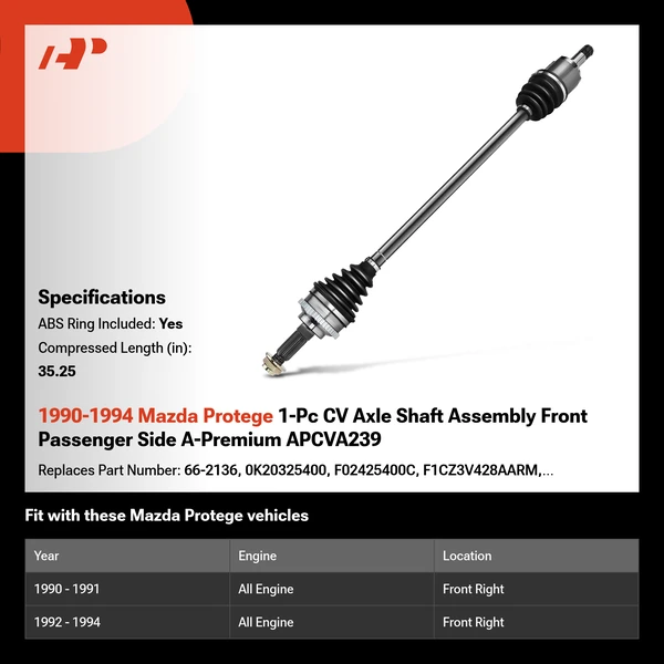 1990-1994 Mazda Protege 1-Pc CV Axle Shaft Assembly Front Passenger Side A-Premium APCVA239