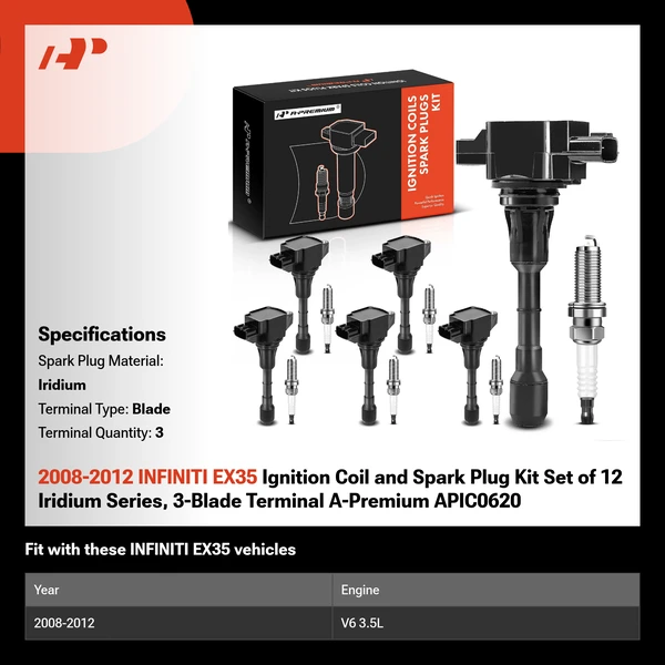 2008-2012 INFINITI EX35 Ignition Coil and Spark Plug Kit Set of 12 Iridium Series, 3-Blade Terminal A-Premium APIC0620