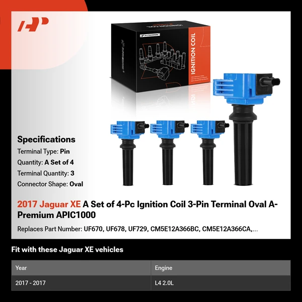 2017 Jaguar XE A Set of 4-Pc Ignition Coil 3-Pin Terminal Oval A-Premium APIC1000