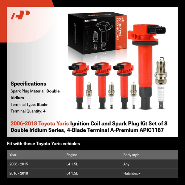 2006-2018 Toyota Yaris Ignition Coil and Spark Plug Kit Set of 8 Double Iridium Series, 4-Blade Terminal A-Premium APIC1187