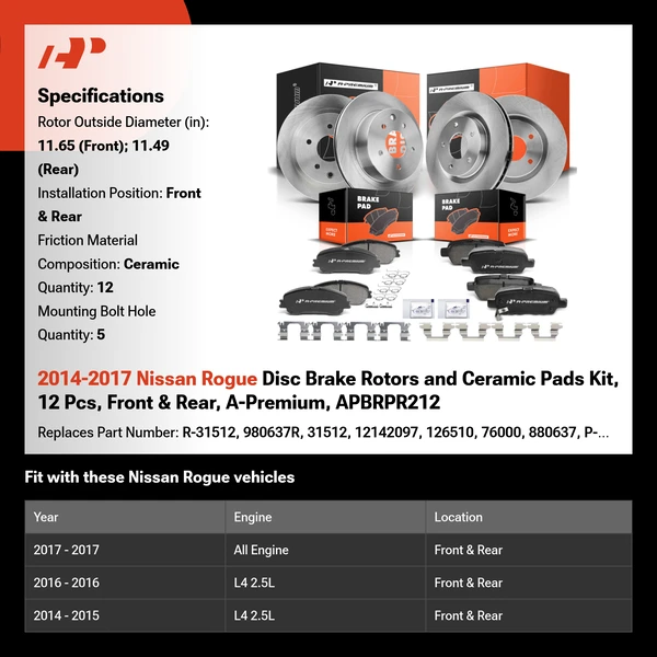 2014-2017 Nissan Rogue Disc Brake Rotors and Ceramic Pads Kit, 12 Pcs, Front & Rear, A-Premium, APBRPR212